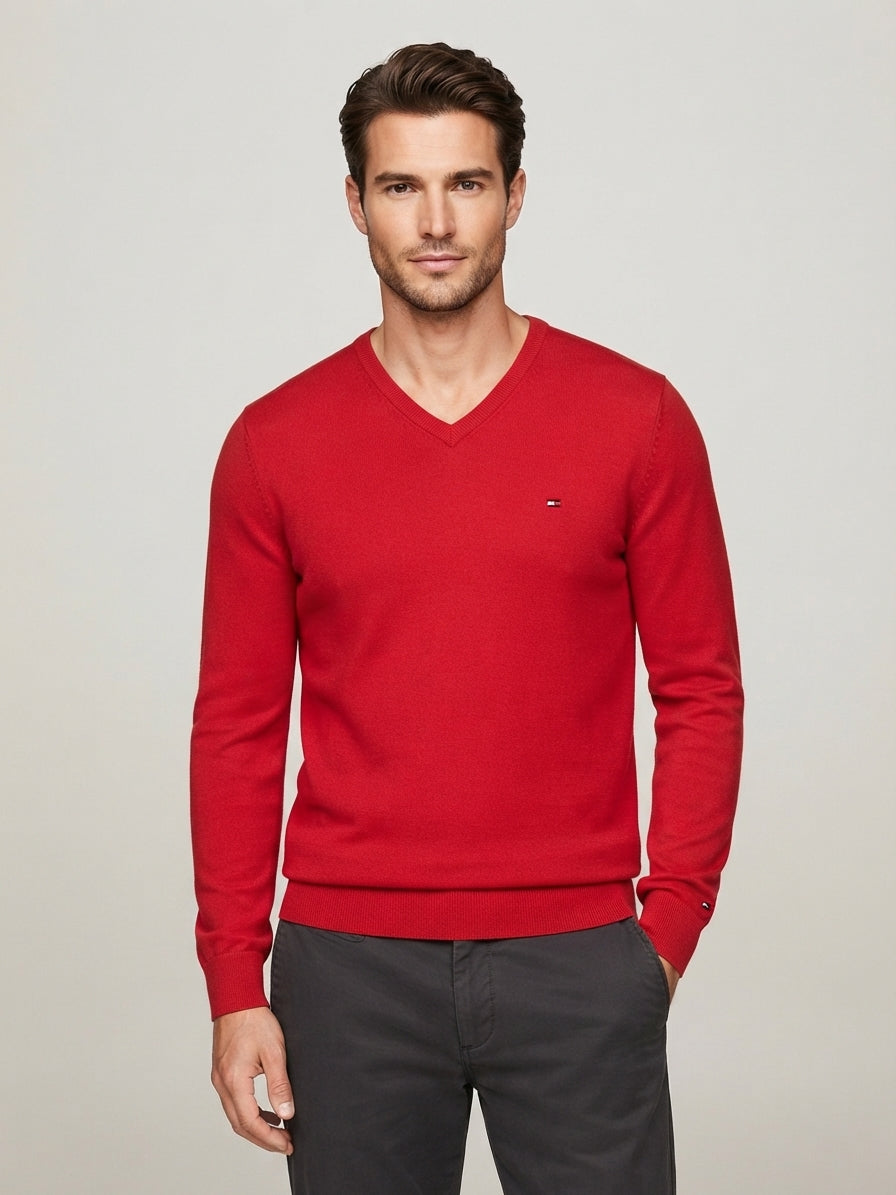 Pull Tommy Hilfiger rouge col V - modèle