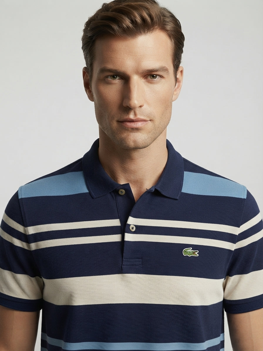Polo Lacoste Rayé Marine Blanc Bleu Ciel – Taille 7