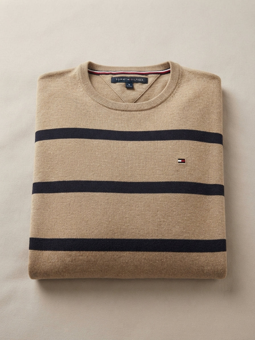 Pull Tommy Hilfiger rayé camel navy plié - vue face