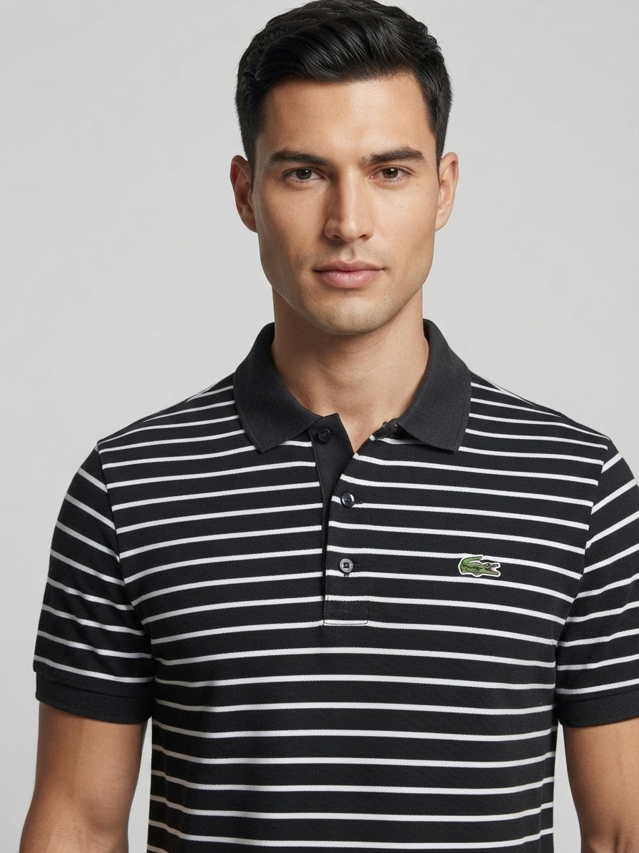 Polo Lacoste Fines Rayures Noir/Blanc – Taille 4