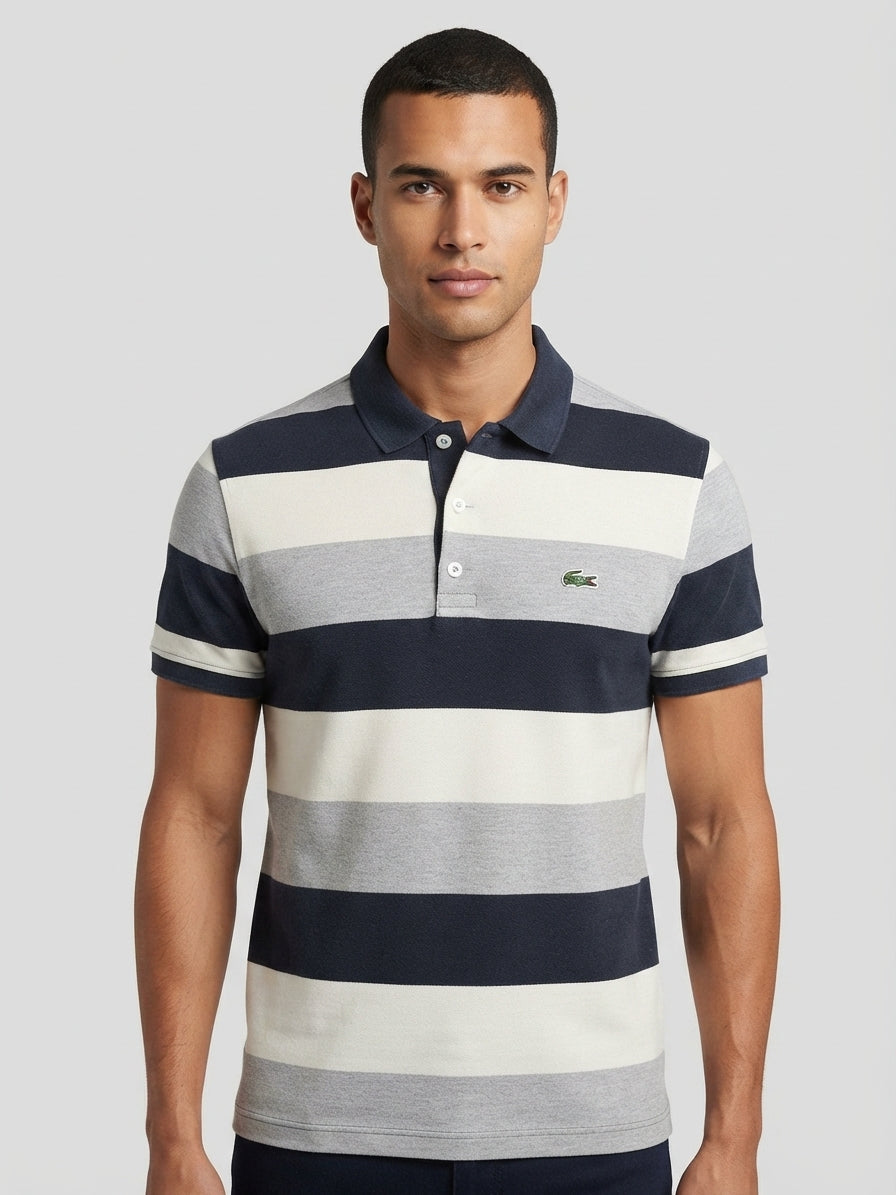 Polo Lacoste Larges Rayures Navy/Blanc/Gris – Taille 4