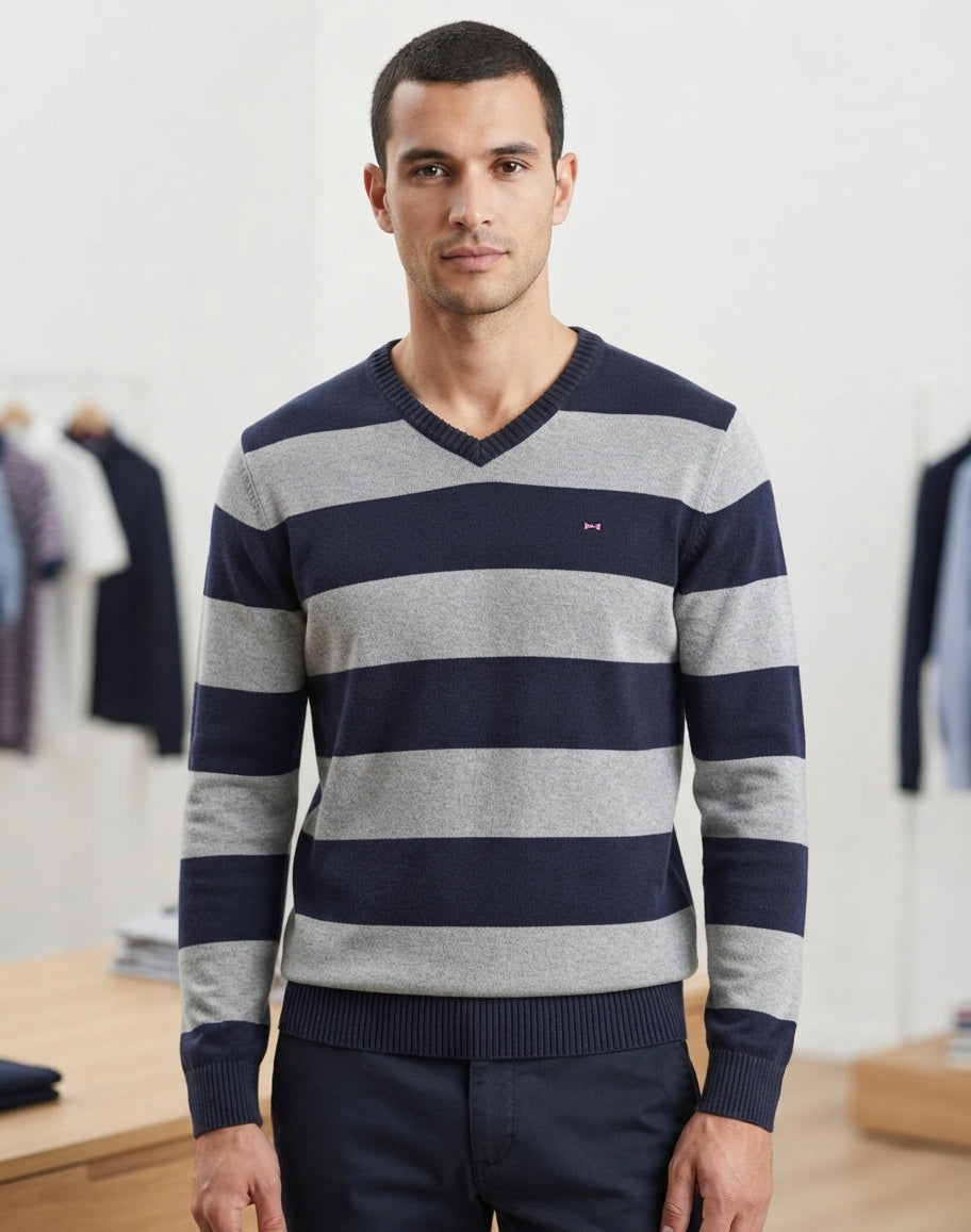 Pull Col V Eden Park Team Rayures Navy/Gris – Taille XL