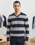 Pull Col V Eden Park Team Rayures Navy/Gris – Taille XL