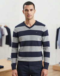Pull Col V Eden Park Team Rayures Navy/Gris – Taille XL