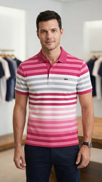 Polo Lacoste Rayures Rose Fuchsia/Gris/Blanc – Taille 4