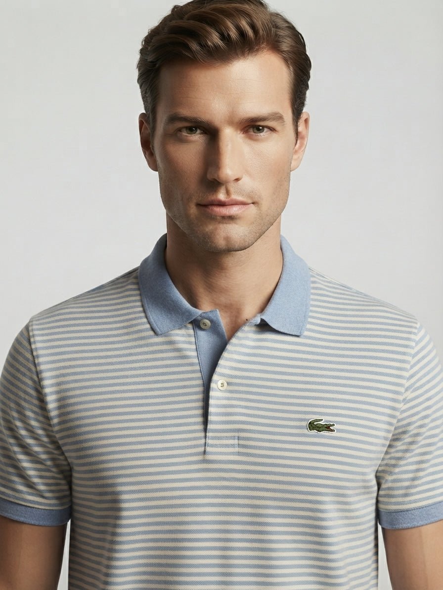 Polo  Lacoste Rayé Bleu Ciel Blanc – Taille L (4)