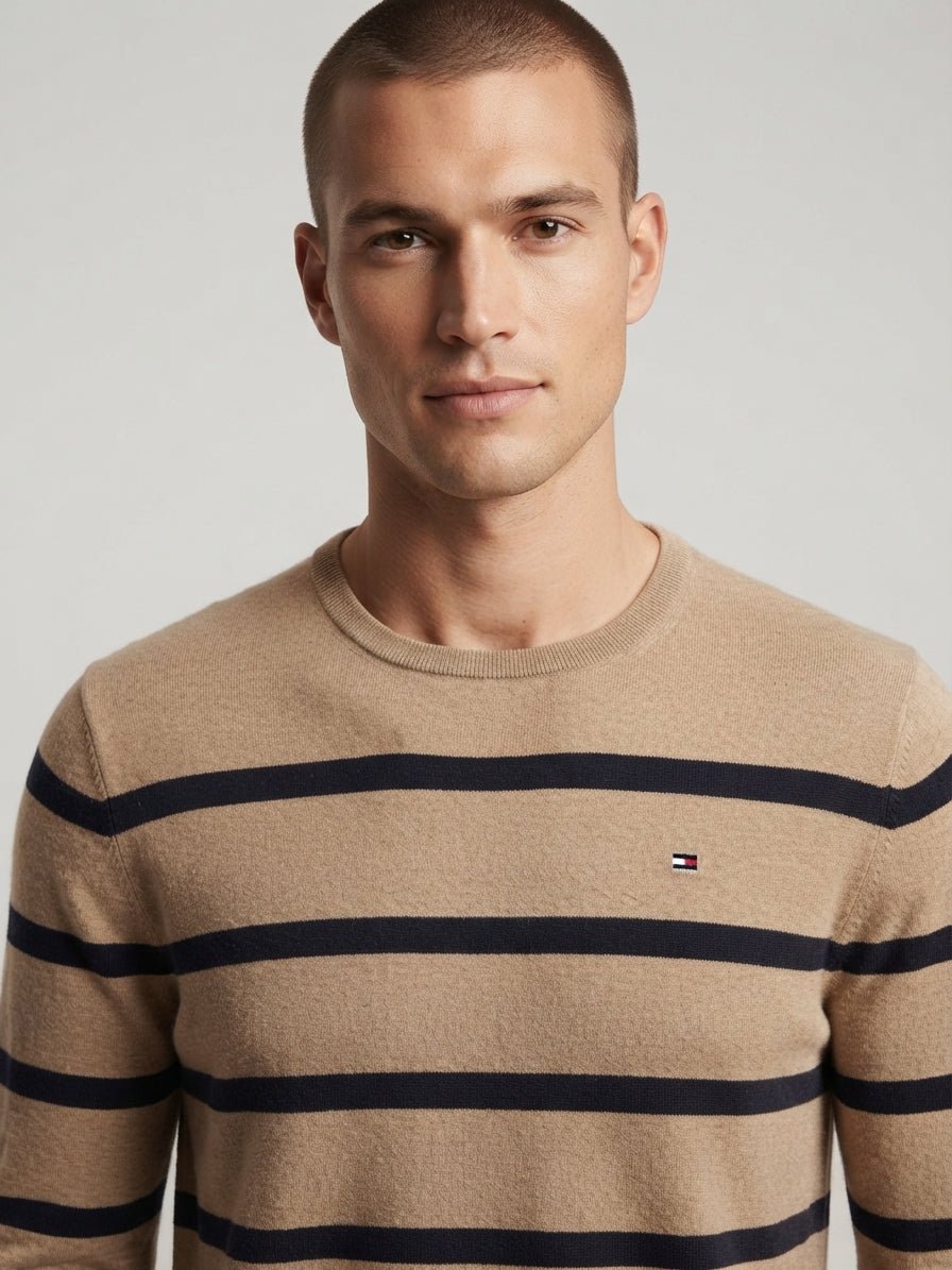 Pull Tommy Hilfiger Rayé Camel Navy – Taille L
