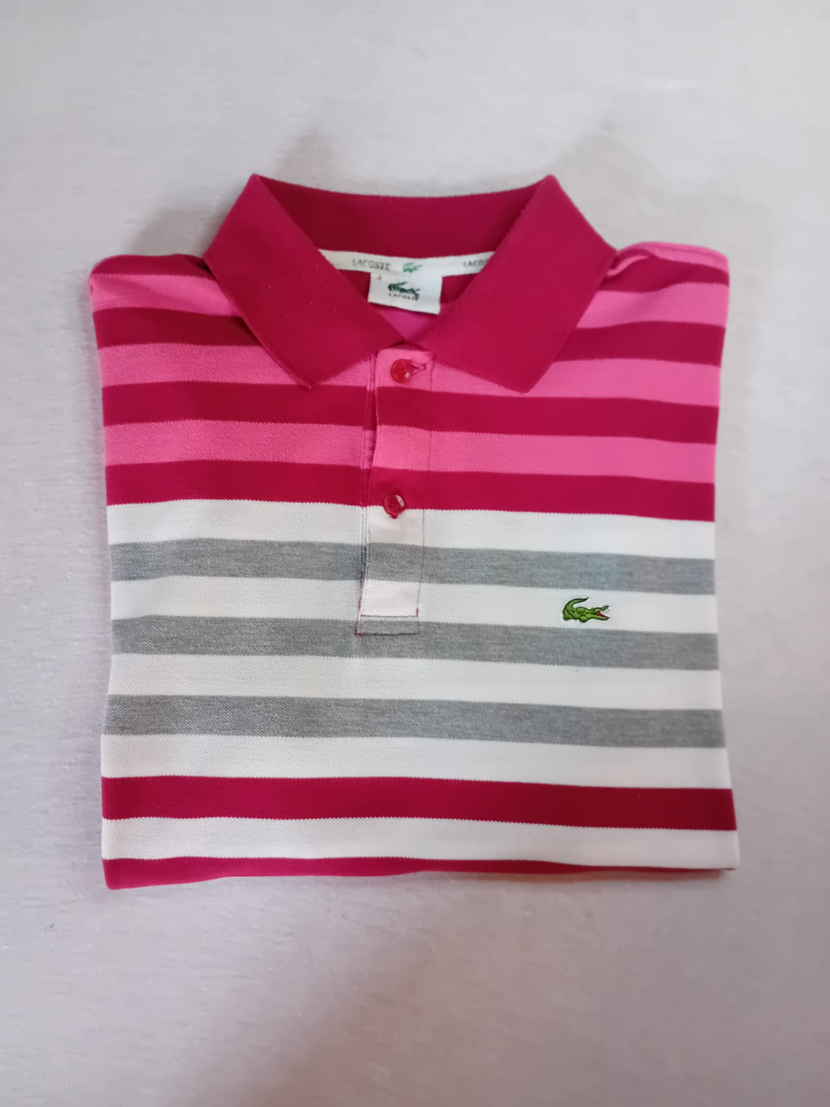 Polo Lacoste Rayures Rose Fuchsia/Gris/Blanc – Taille 4
