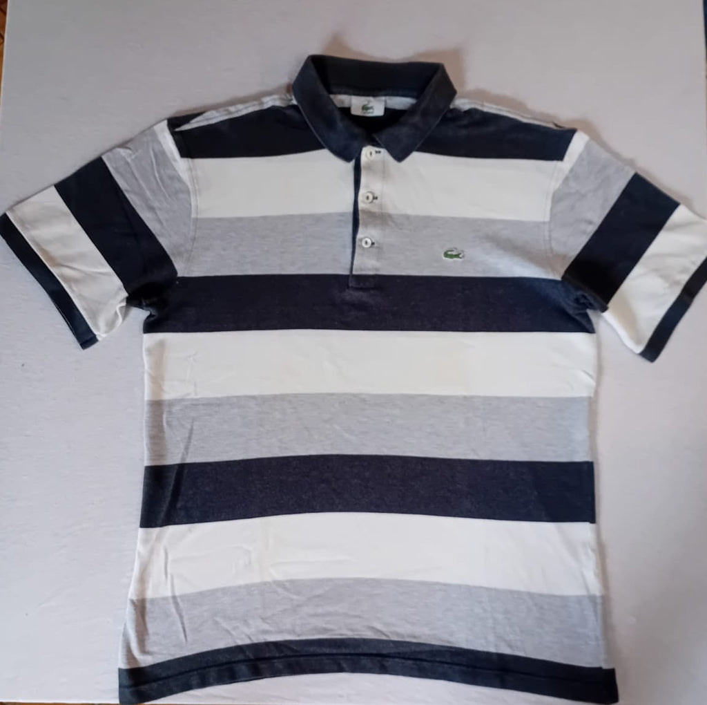 Polo Lacoste Larges Rayures Navy/Blanc/Gris – Taille 4