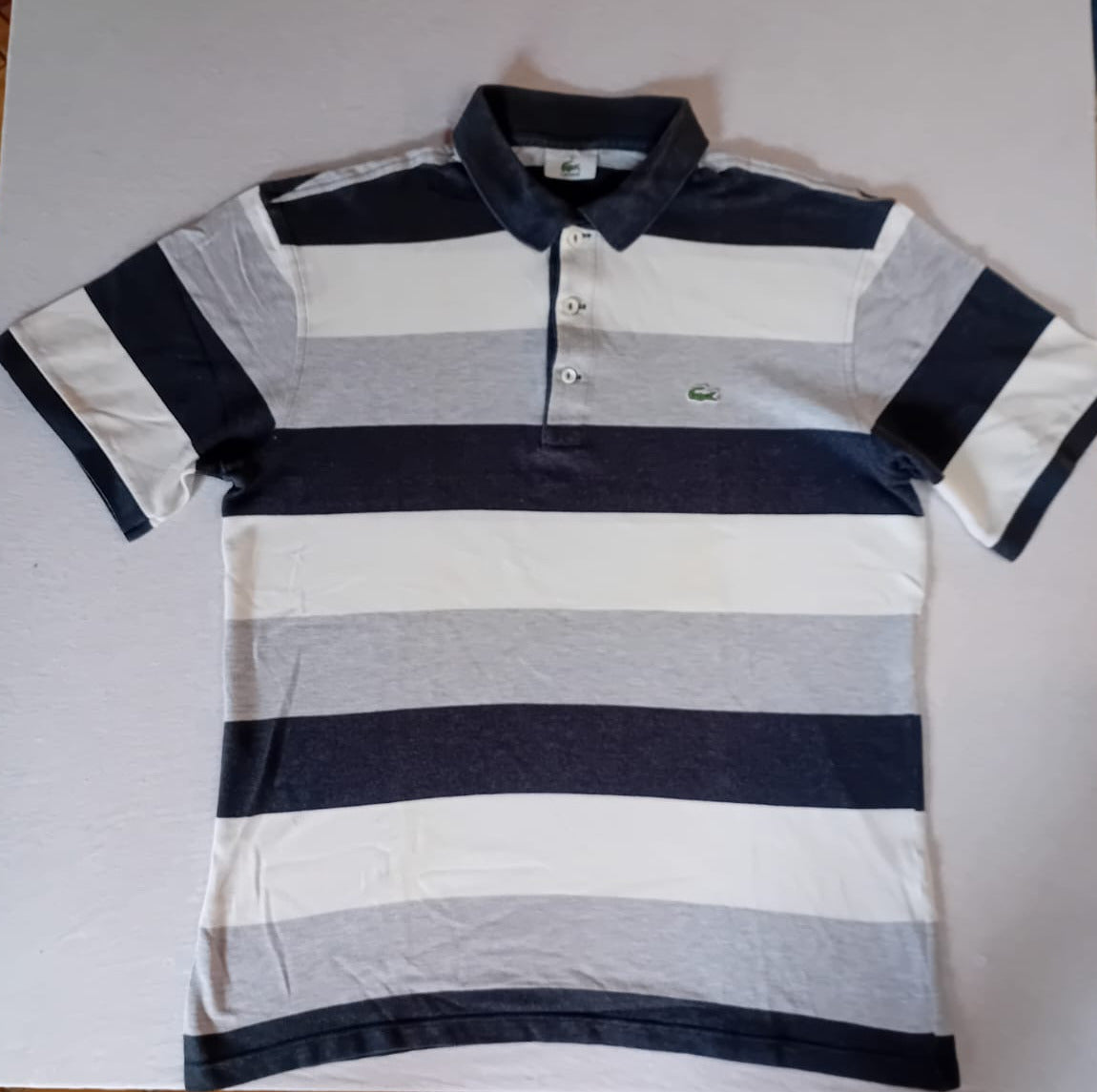 Polo Lacoste Larges Rayures Navy/Blanc/Gris – Taille 4