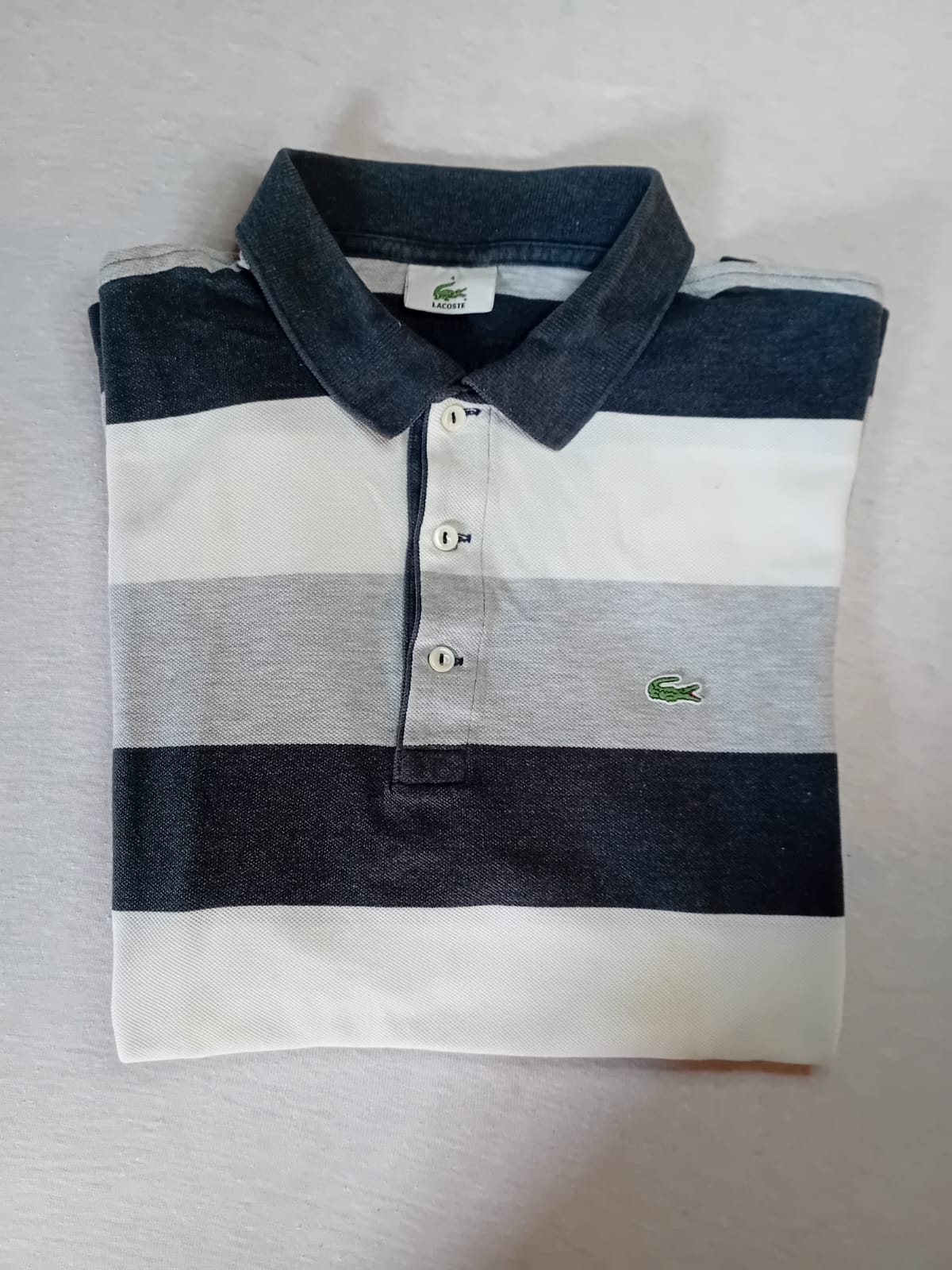 Polo Lacoste Larges Rayures Navy/Blanc/Gris – Taille 4