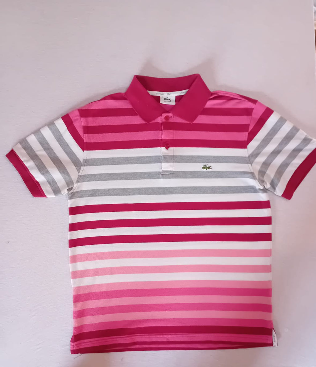 Polo Lacoste Rayures Rose Fuchsia/Gris/Blanc – Taille 4