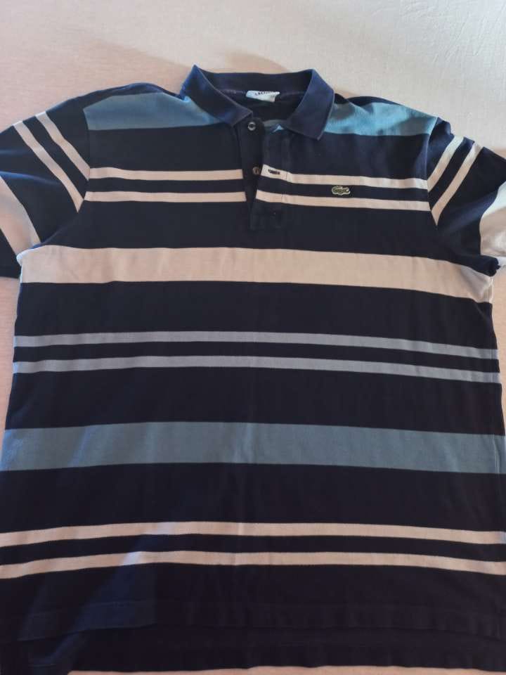 Polo Lacoste rayé marine blanc bleu ciel déplié - vue face