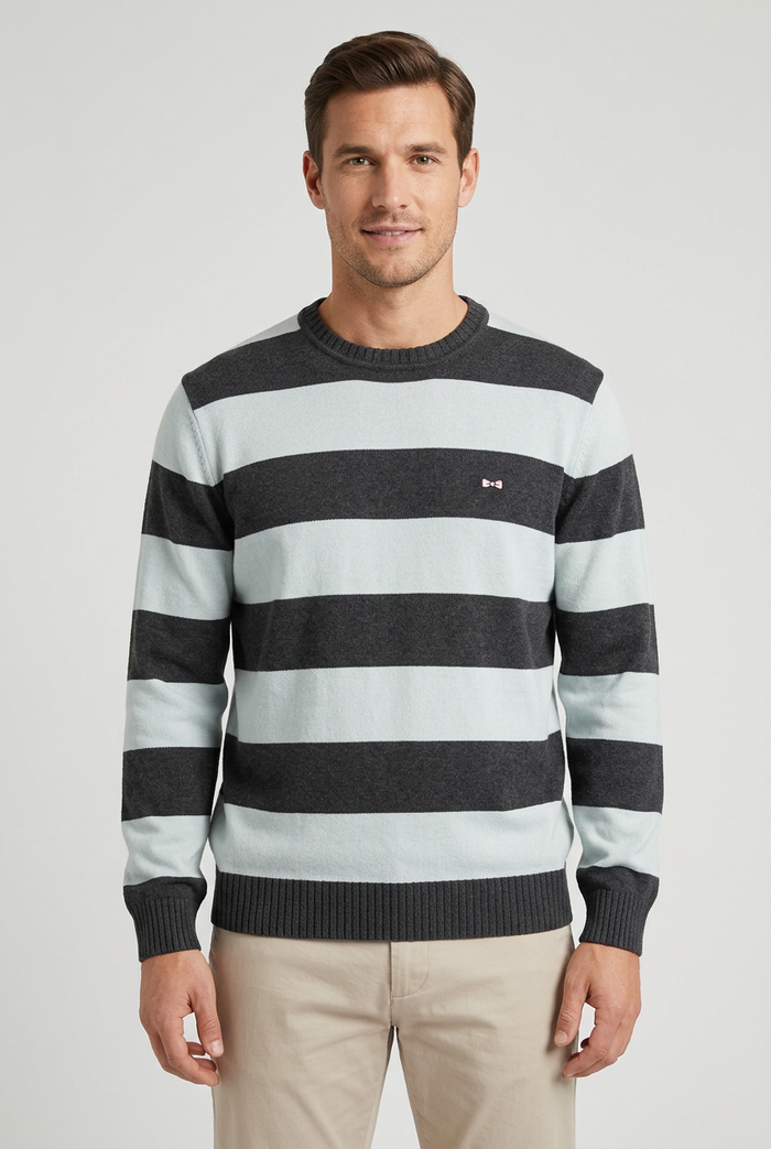 Pull Col Rond Eden Park Team Rayures Anthracite/Blanc – Taille XXL