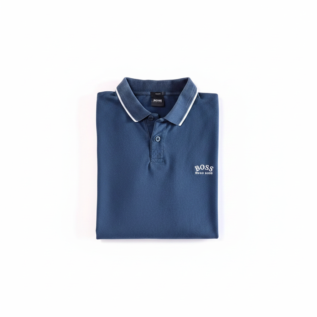Polo Hugo Boss bleu marine plié fond blanc