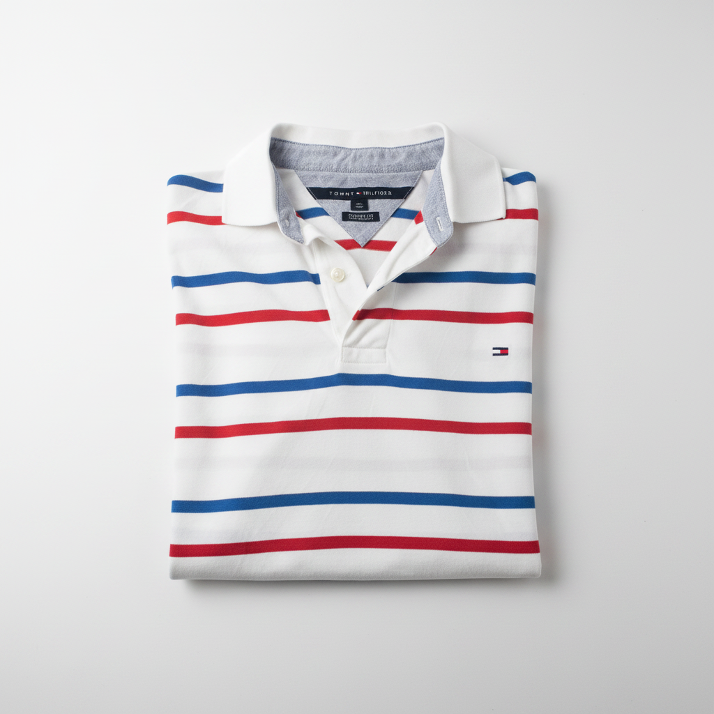 Polo Tommy Hilfiger rayé blanc bleu rouge plié fond blanc
