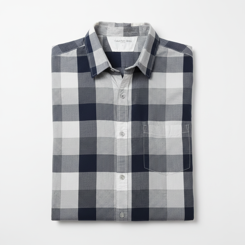 Chemise Calvin Klein Jeans carreaux bleu marine pliée fond blanc
