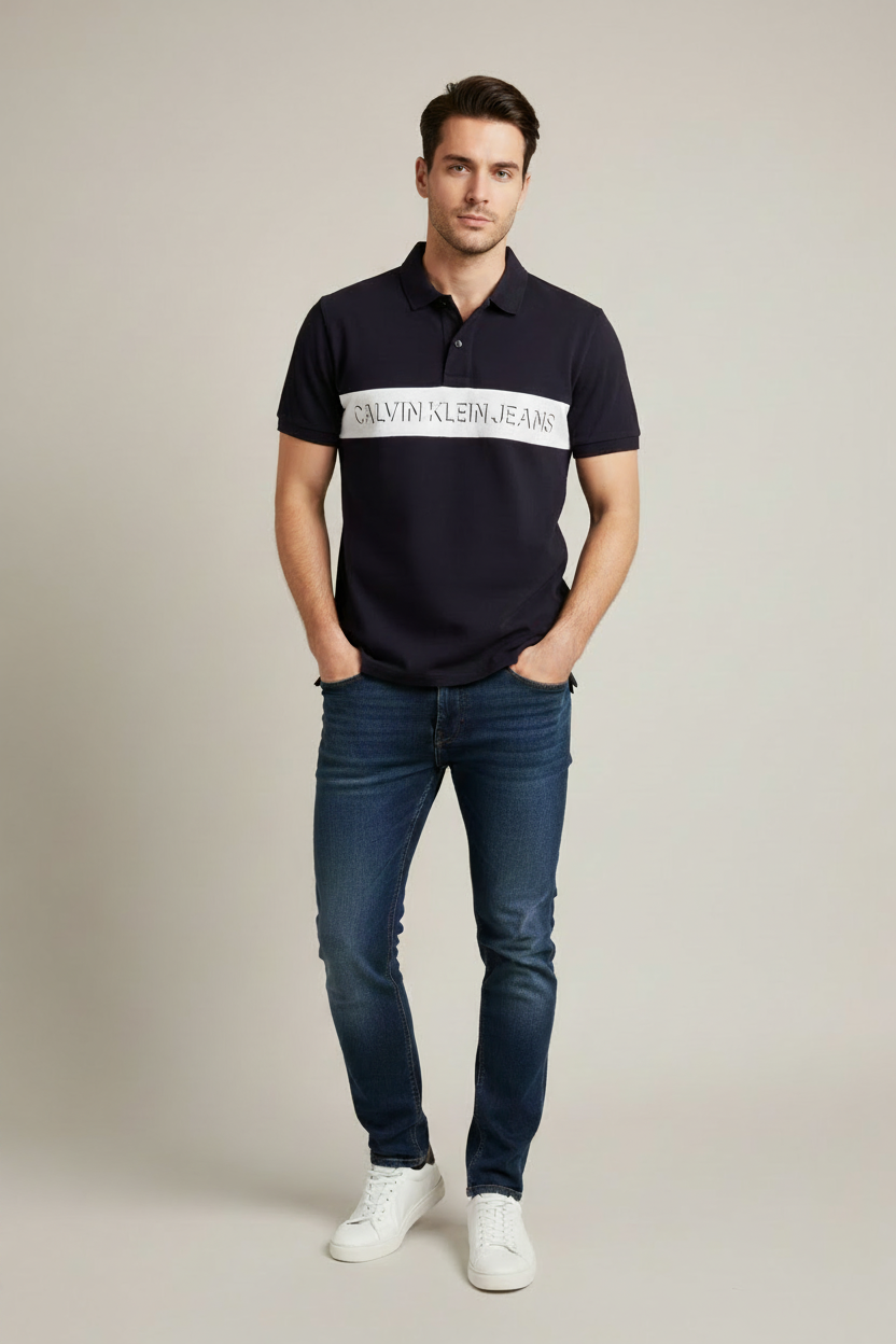 Polo Calvin Klein Jeans marine porté par un mannequin homme
