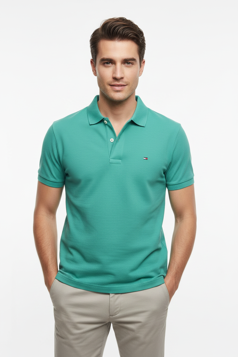Polo Tommy Hilfiger turquoise porté mannequin homme boutons blancs