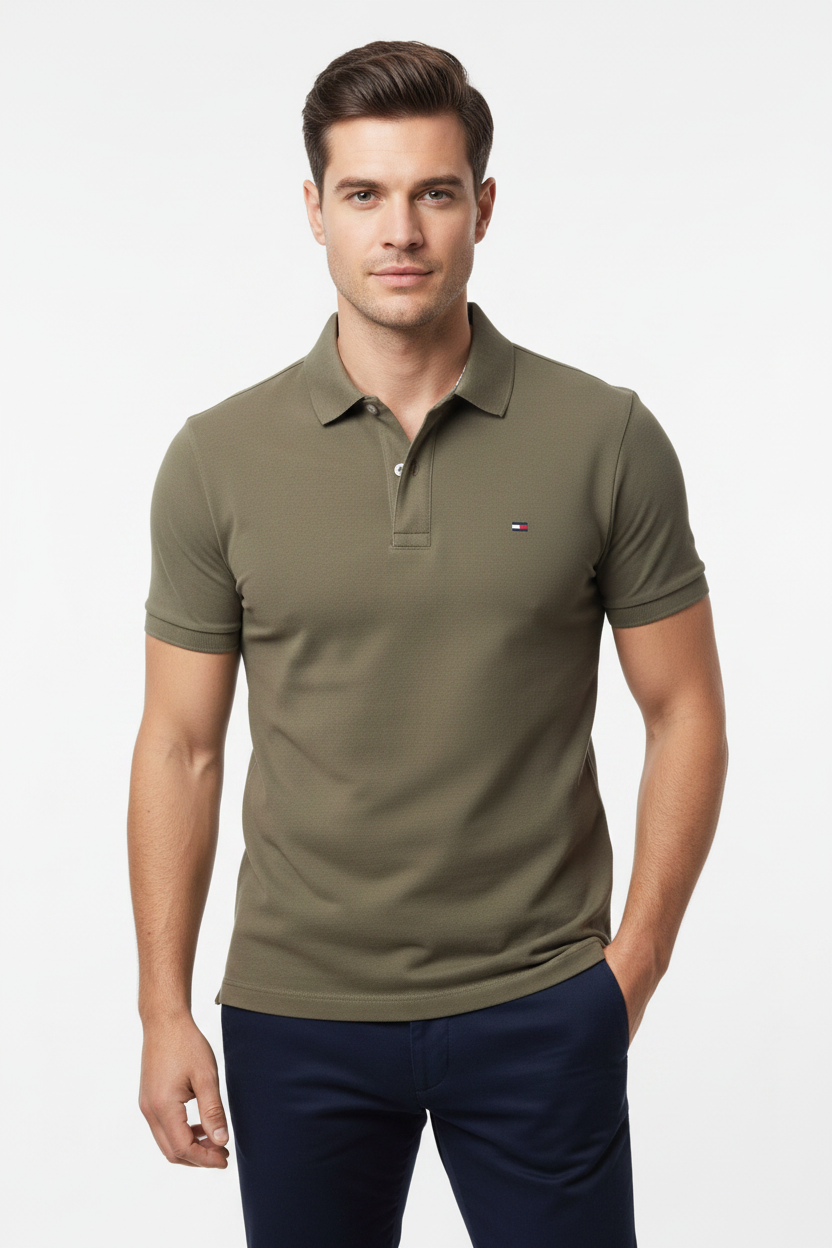 Polo Tommy Hilfiger kaki porté mannequin homme