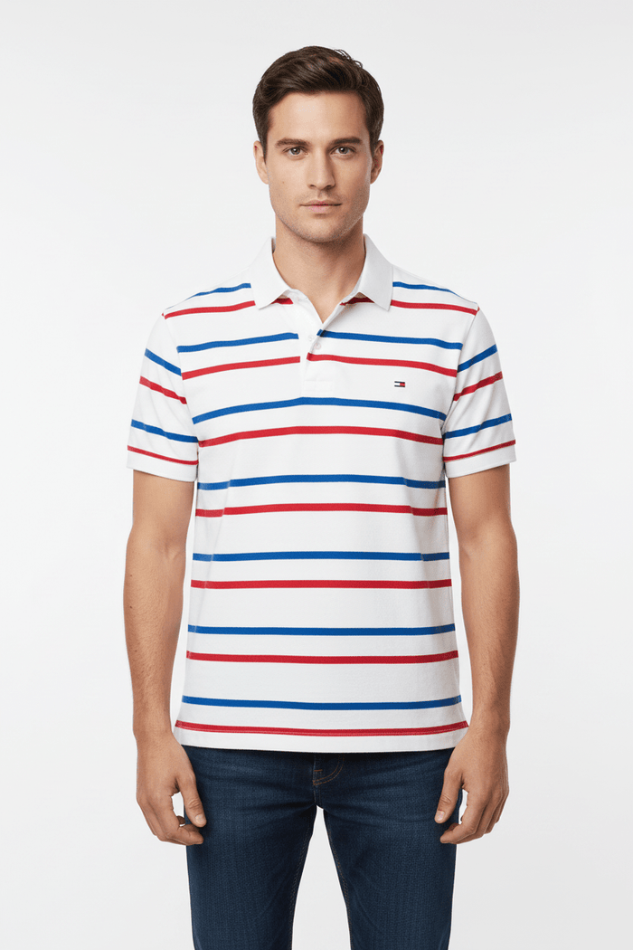 Tommy Hilfiger Striped Polo Shirt White Blue Red | Custom Fit | Size S