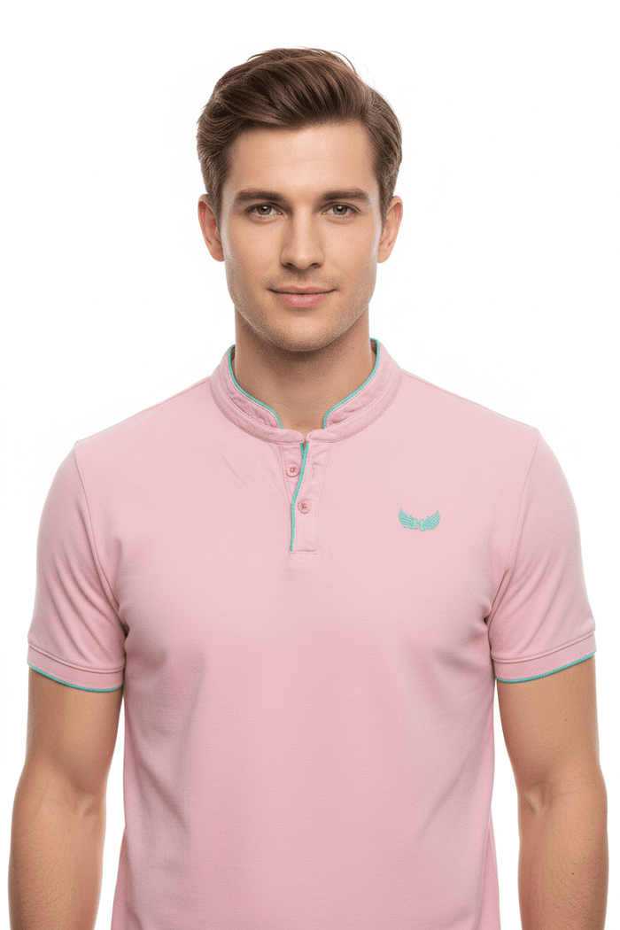 Kaporal Jeans Pink Mandarin Collar Polo with Turquoise Trim – Size M