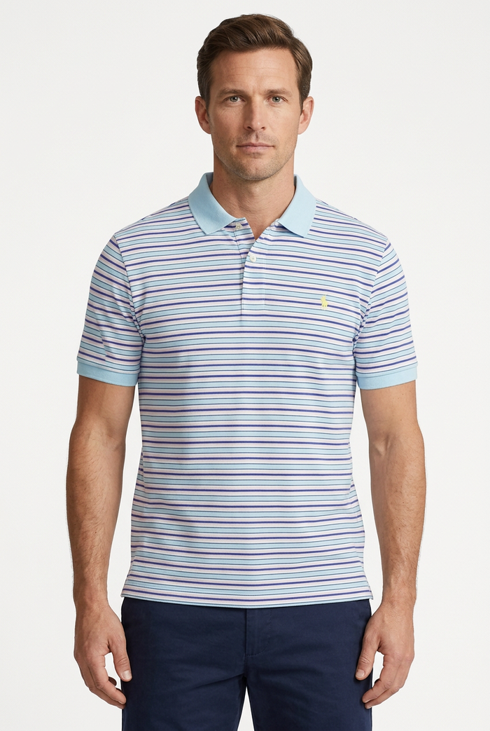 Polo Ralph Lauren rayé bleu clair à logo jaune
