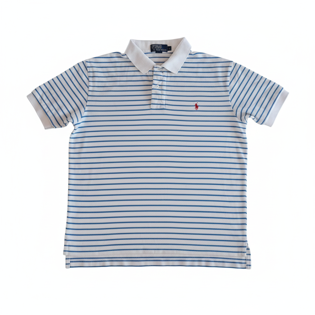 Polo Ralph Lauren rayures bleues fond blanc