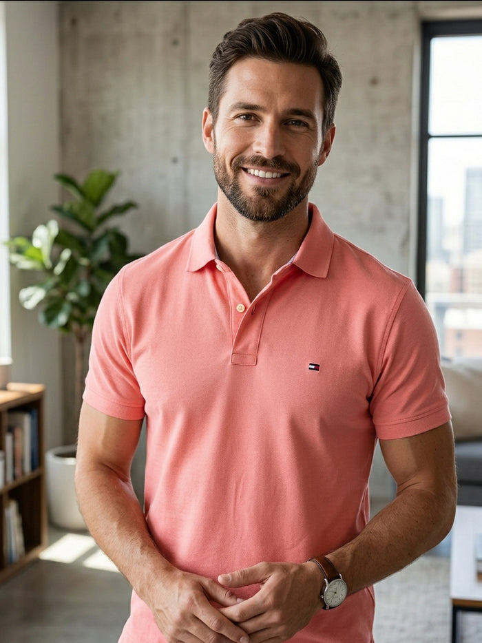 Polo Tommy Hilfiger homme corail Custom Fit, taille XL