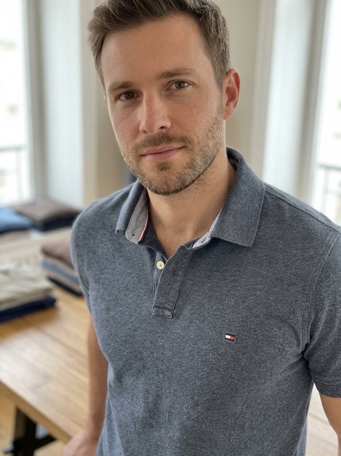 Polo Tommy Hilfiger gris chiné Custom Fit à col uni, taille L