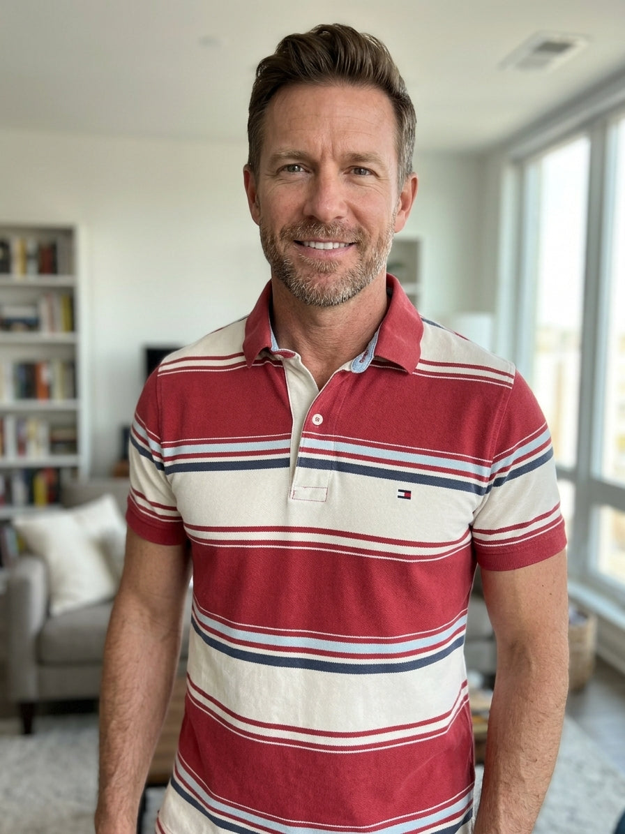 Polo Tommy Hilfiger rayé rouge et écru, taille XL