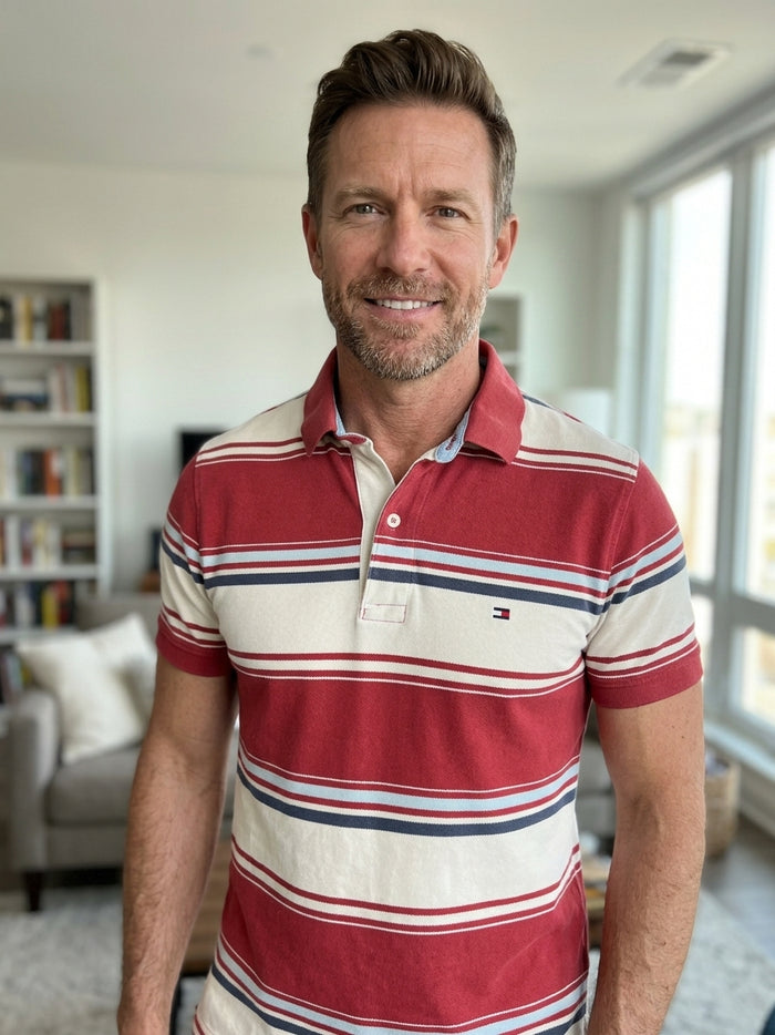 Polo Tommy Hilfiger rayé rouge et écru, taille XL