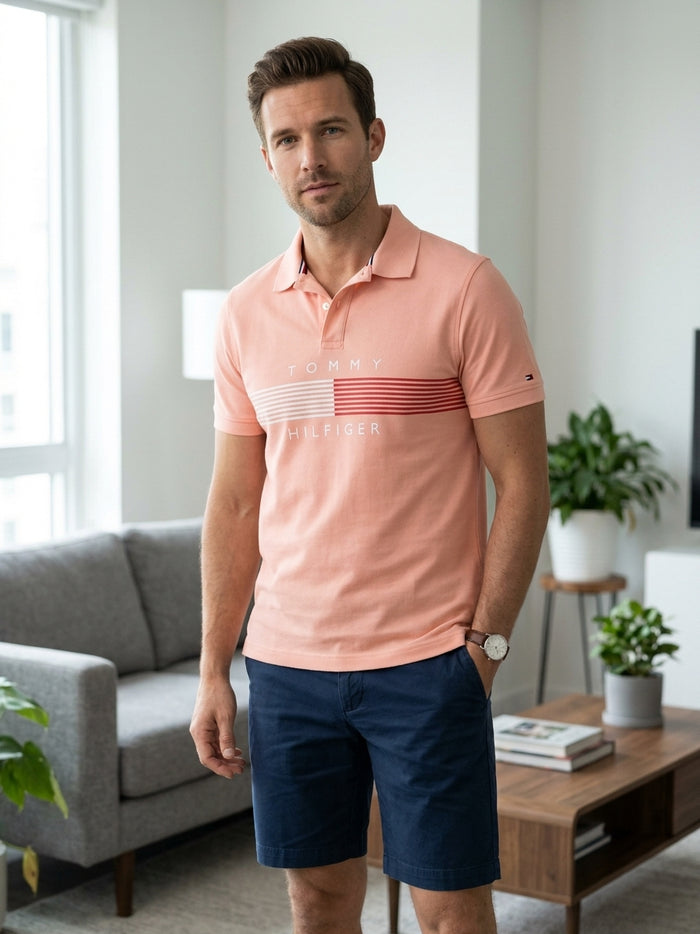 Polo Tommy Hilfiger saumon à motif graphique, taille XXL